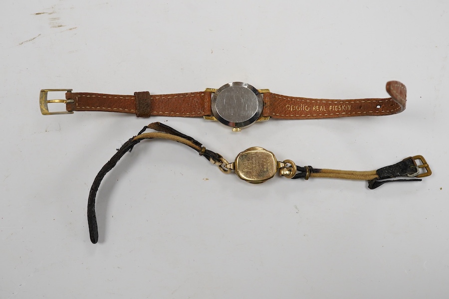 A lady's steel and gold plated Omega manual wind wrist watch, on an associated leather strap, together with a lady rolled gold Bucherer wrist watch. Condition - poor